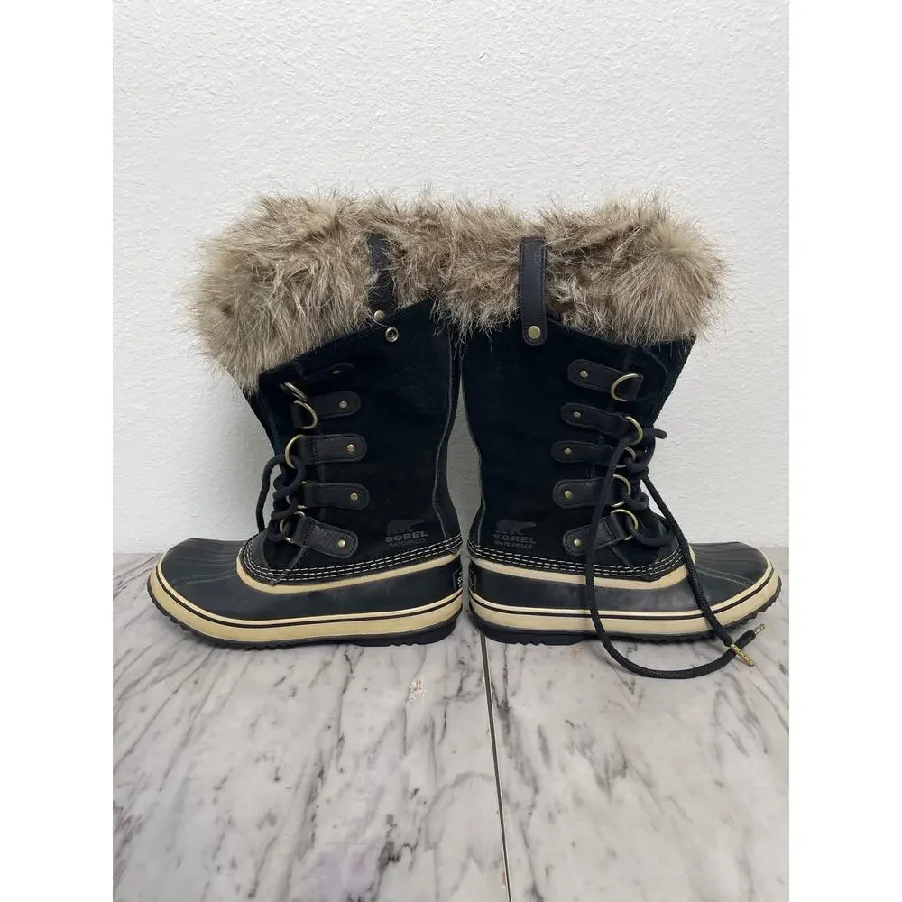 Sorel Joan of Arctic Boots Womens 7 Black Suede Faux Fur Waterproof Winter Snow